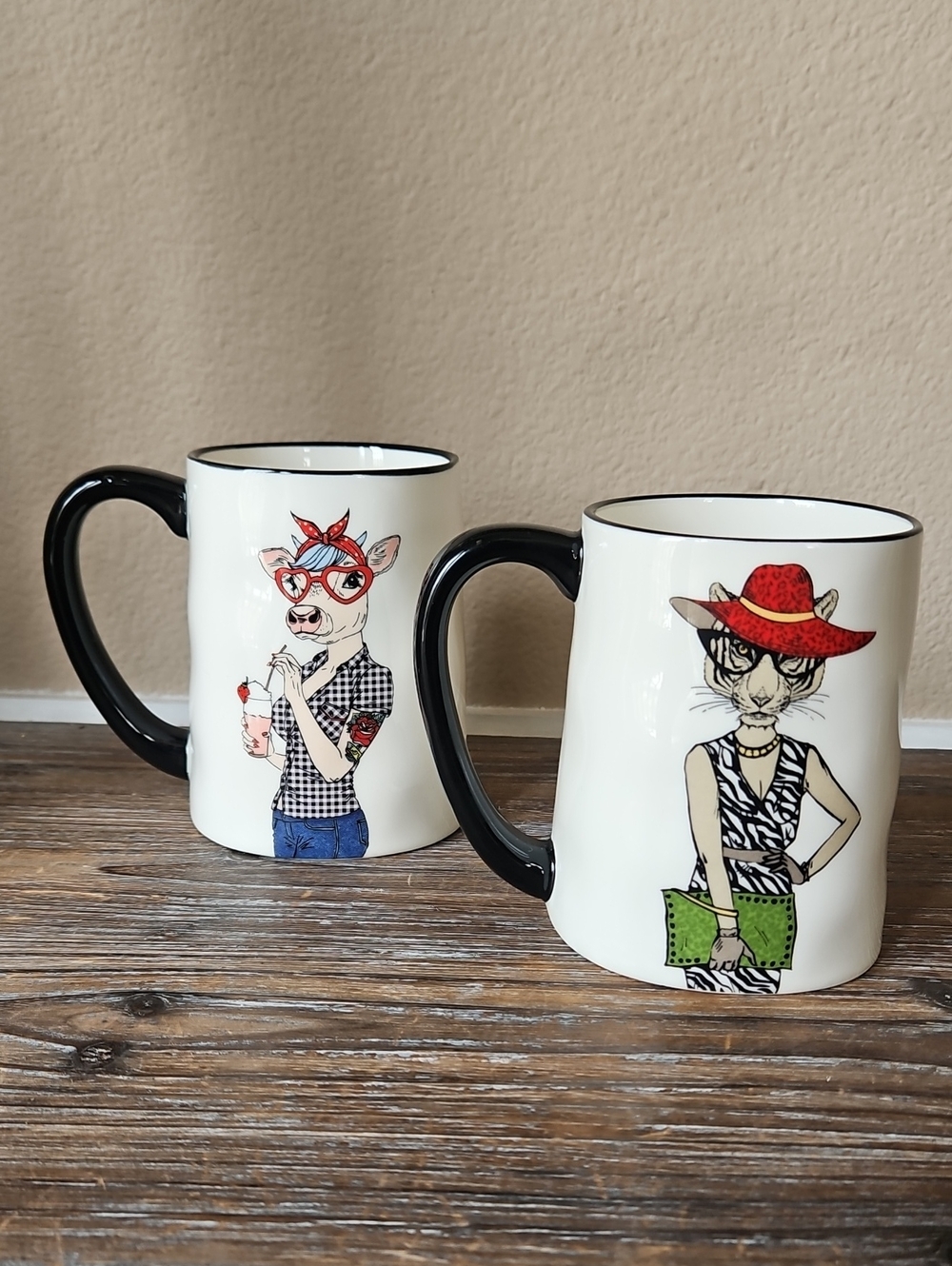 Set of 2 stoneware coffee mug featuring a Stylish, Bespectacled Cow & Tiger